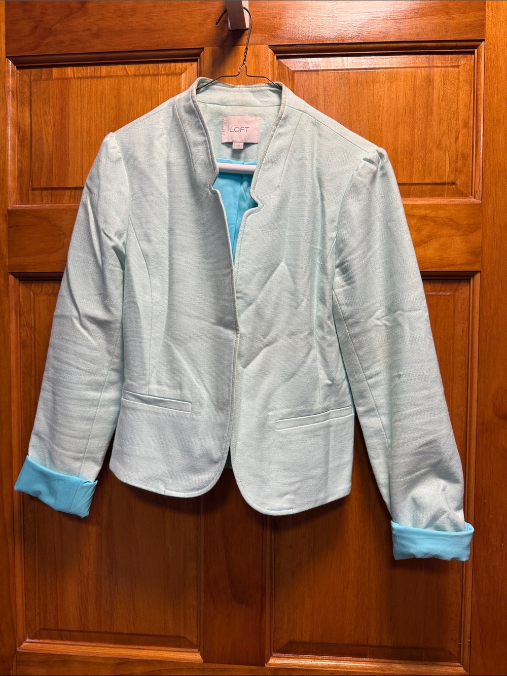 LOFT Mint Green Collarless Blazer with Bright Mint Cuff Lining